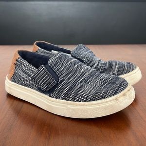Navy Striped Chambray Tiny TOMS Luca Slip Ons, size 9
